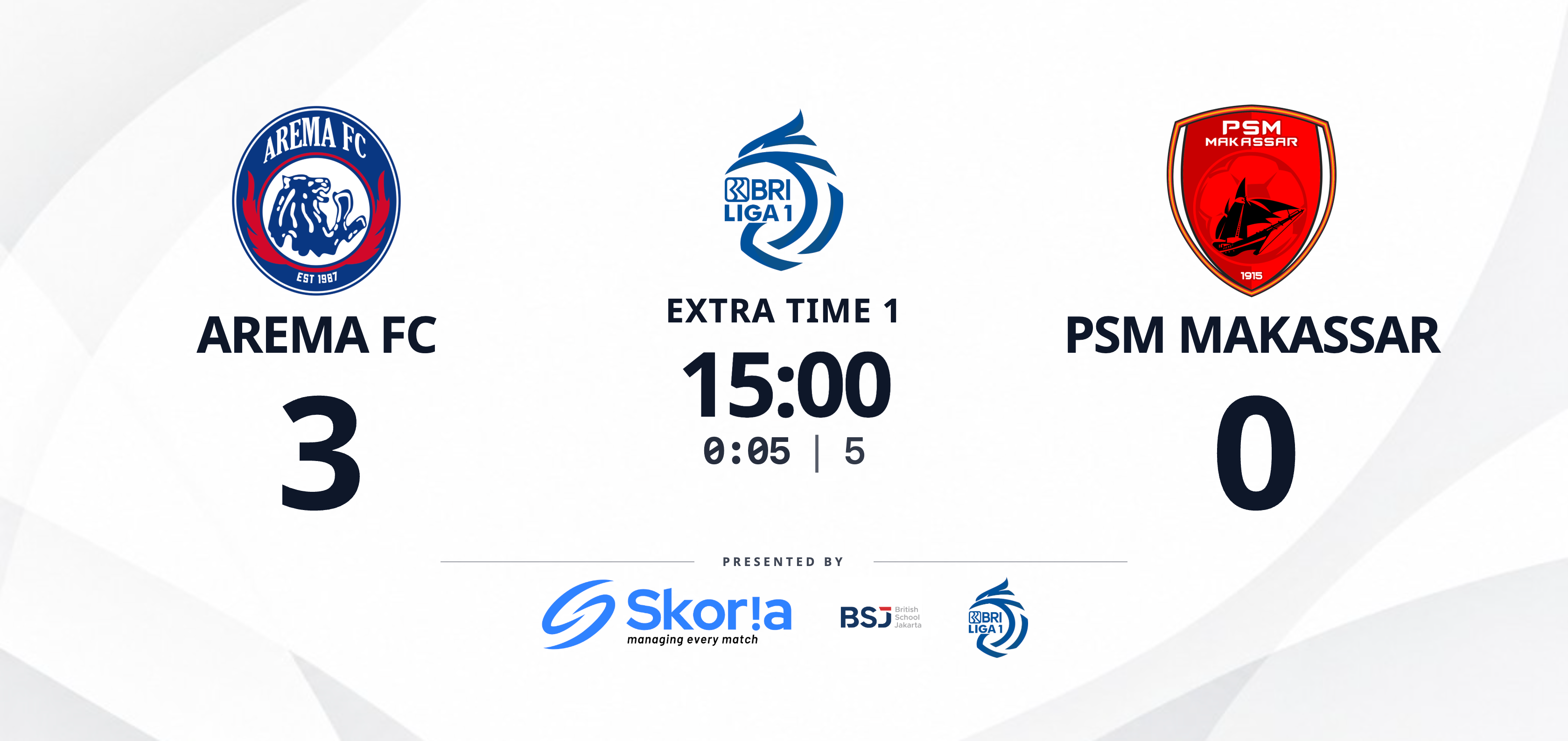 Audience scoreboard in White style: Arema FC 3-0 PSM Makassar in Extra Time 1, with the Added Time counter and the sponsor strip