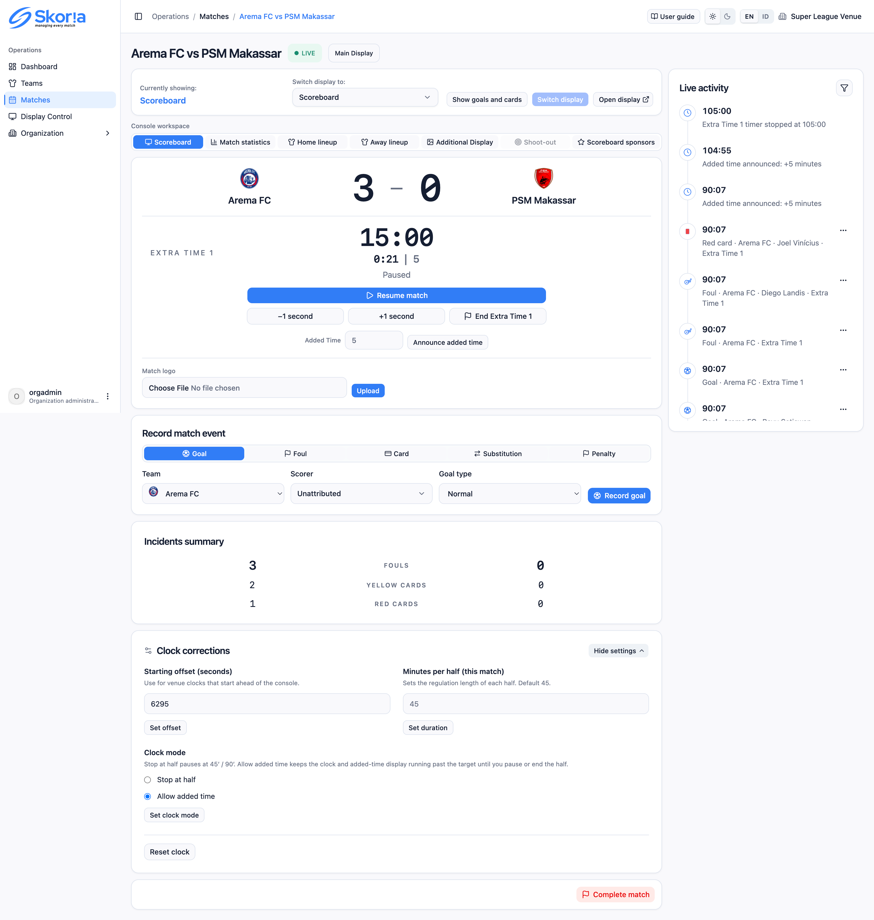 Live console Scoreboard workspace: clock with Added Time form, event recorder, incidents summary, and Clock corrections