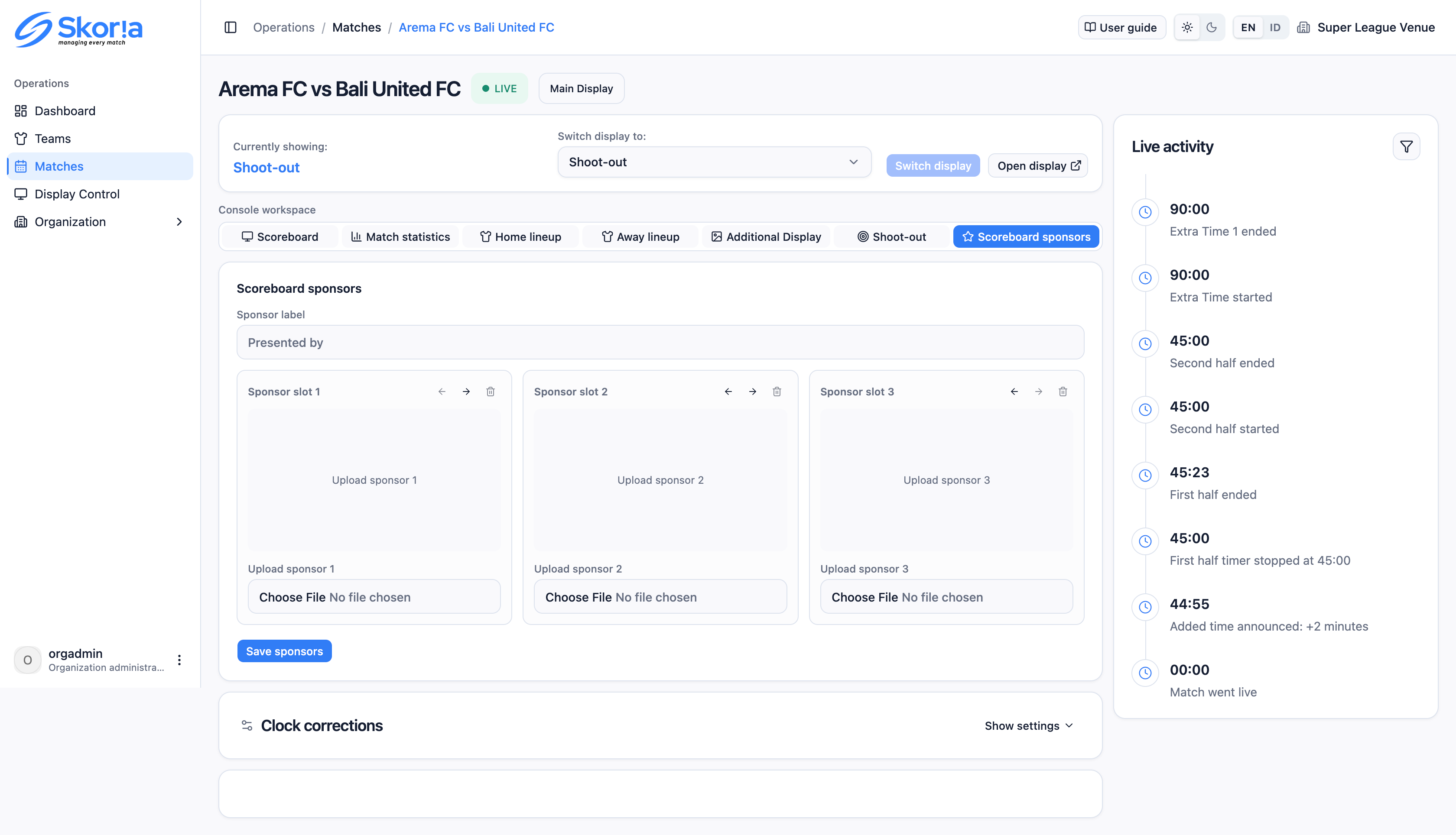 Scoreboard sponsors tab with three upload slots, a sponsor label, and Save sponsors
