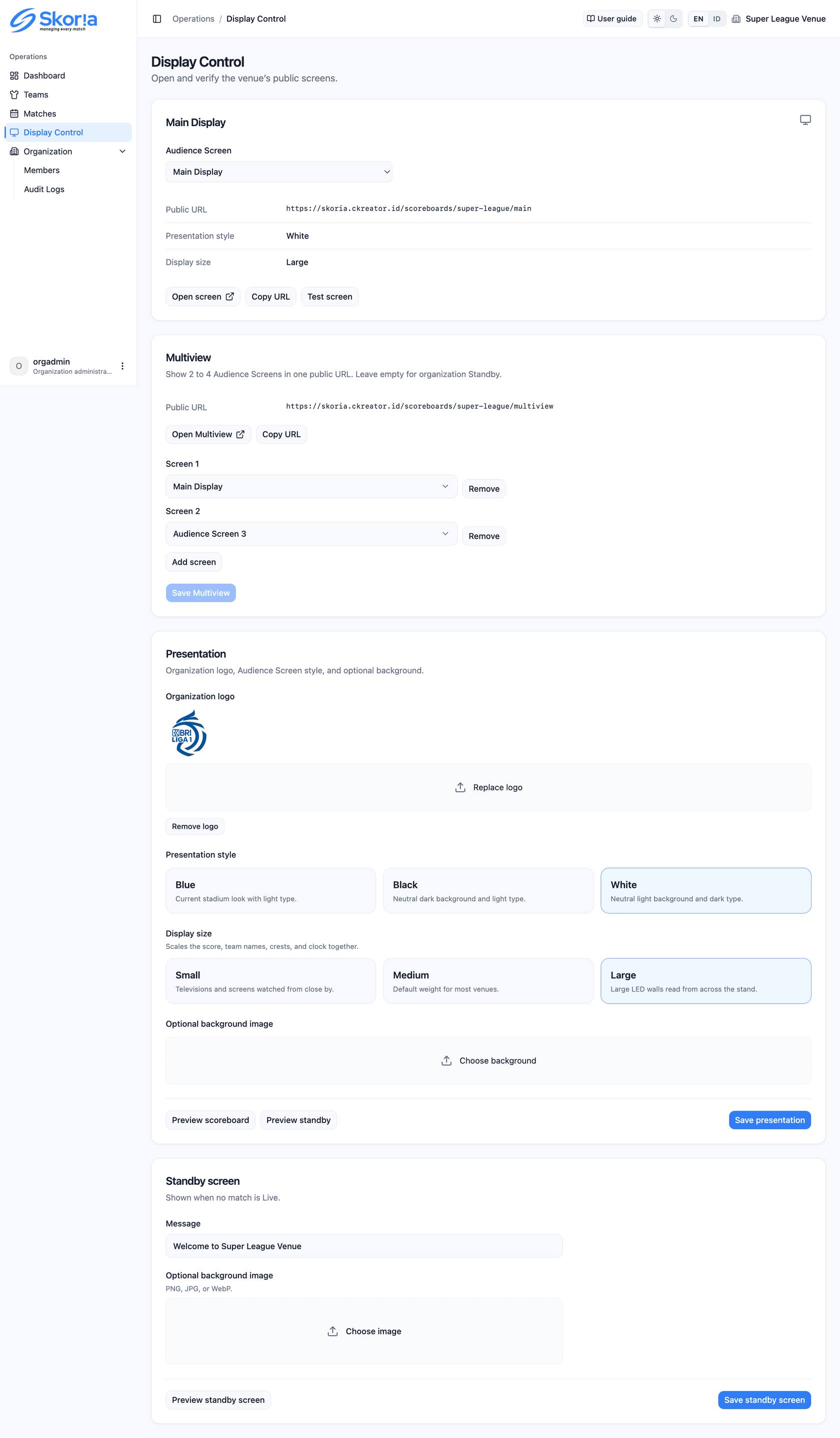 Display Control page with Audience Screen selector, Multiview, Presentation, and Standby cards
