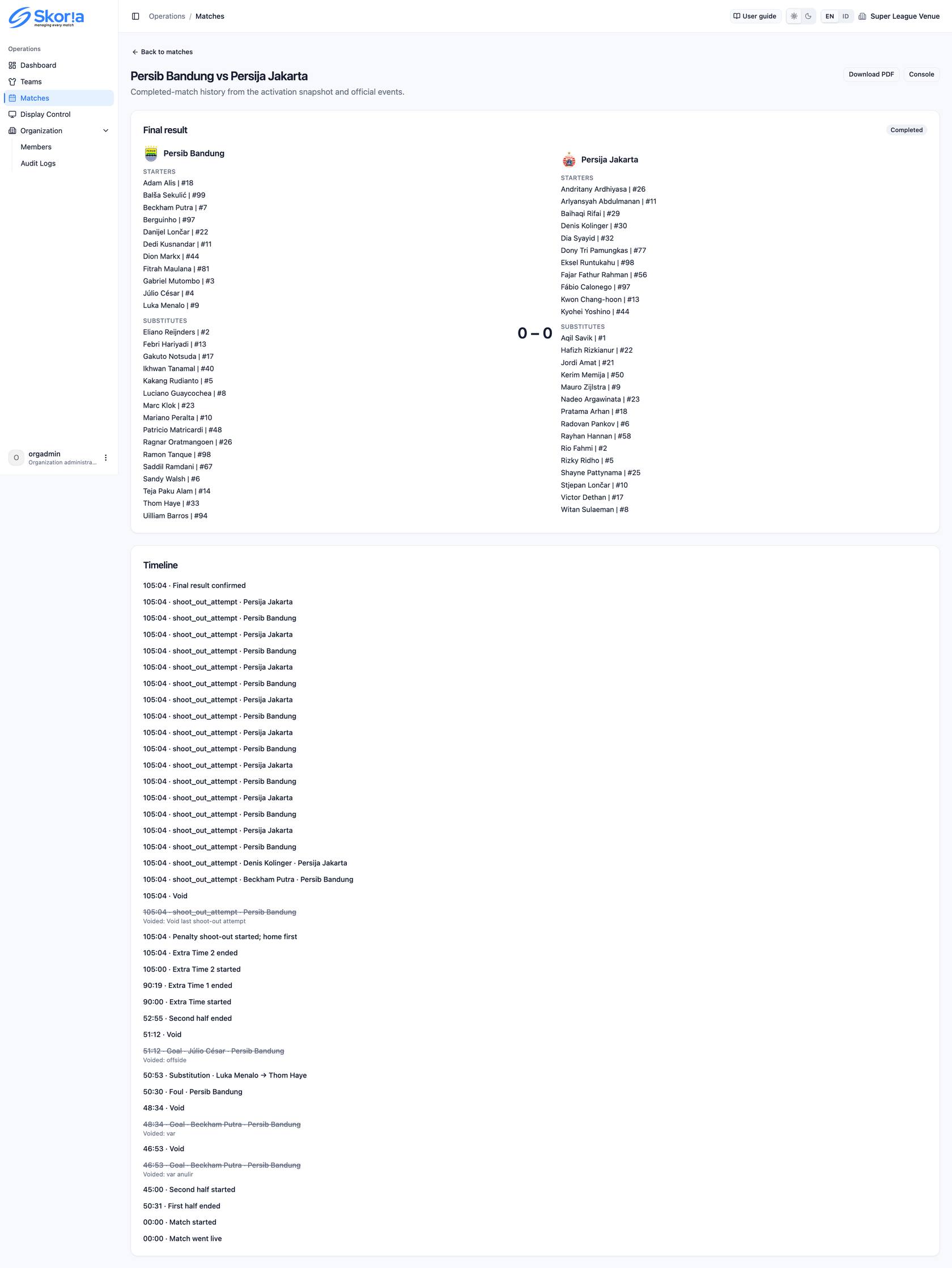 Match history page with final result, Download PDF button, and event timeline