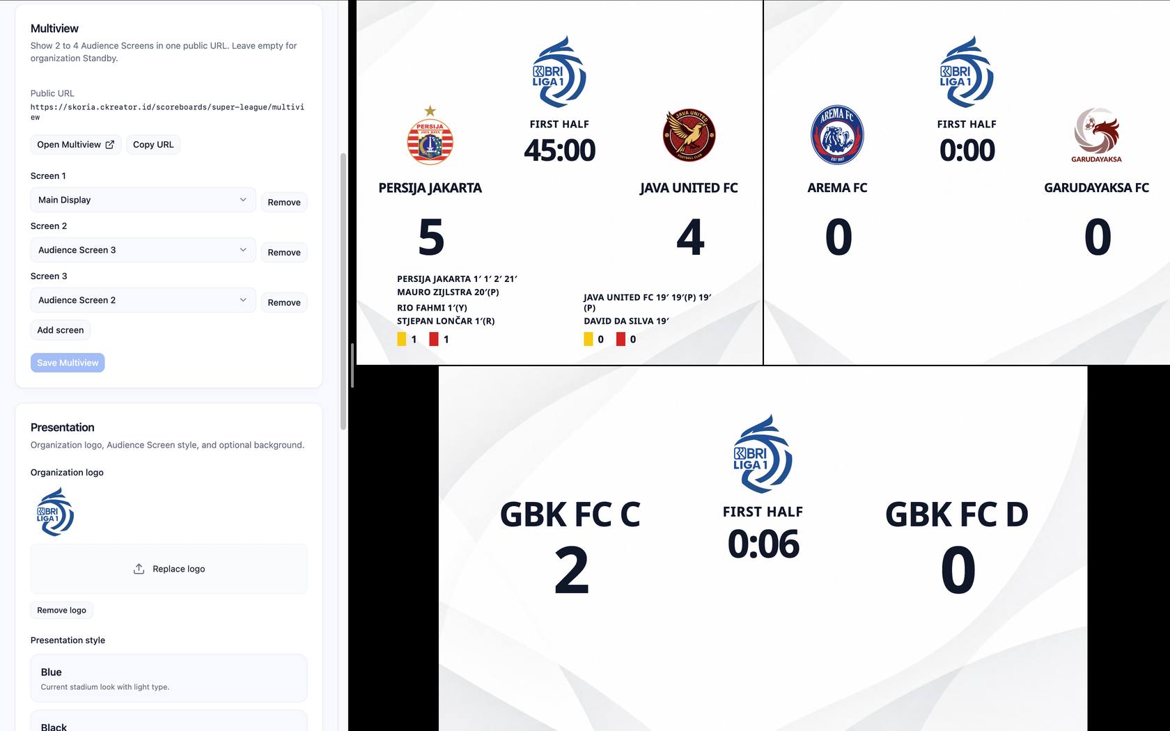Multiview settings with three screens staged beside the three-pane public output