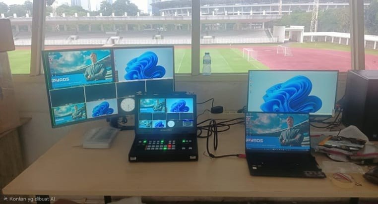 Operator desk with monitors and laptops fed over HDMI